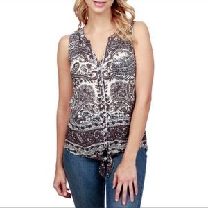 Lucky Brand Sleeveless Split Neck Paisley Knot Front Blouse Top